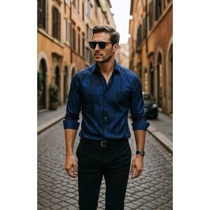 Etro Men's Patchwork Blue Striped Cotton Button-Up Long Sleeve Shirt Italy  – S